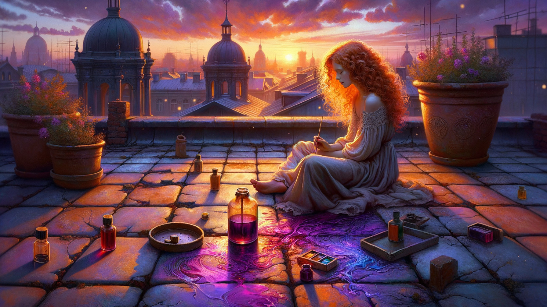 Young Woman Mixing Colors on Rooftop at Sunset