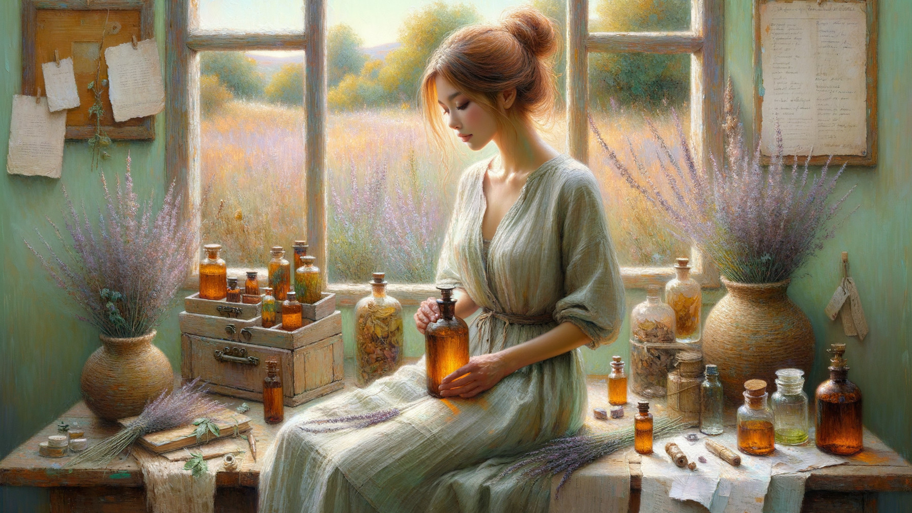 Young Woman by Window with Herbal Bottles and Sunlight