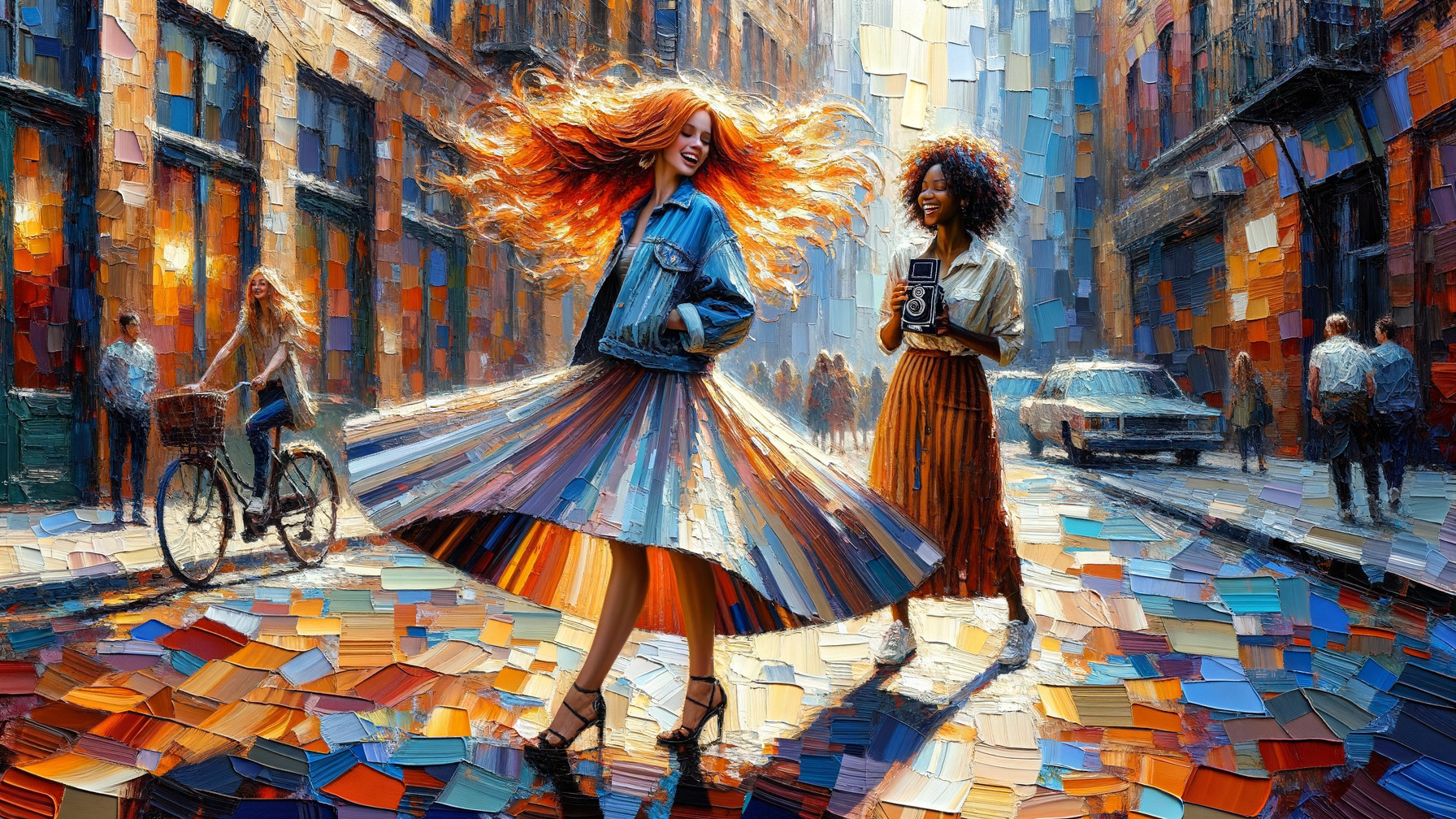 Joyful Urban Scene with Stylish Women and Colorful Street