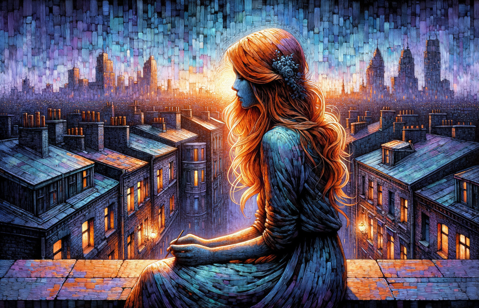 Young woman with red hair on rooftop at sunset
