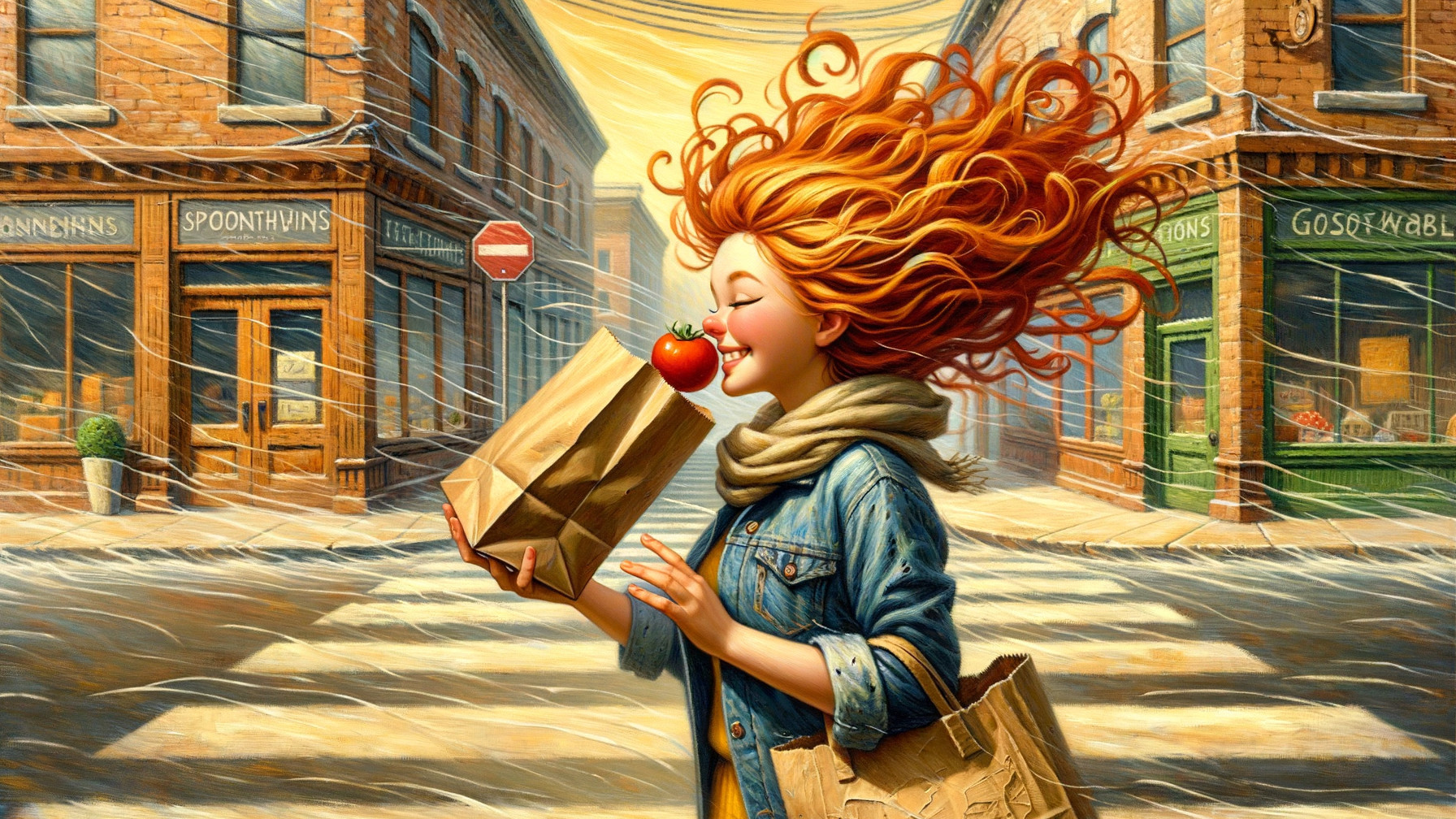 Joyful girl with red hair running on a quaint street