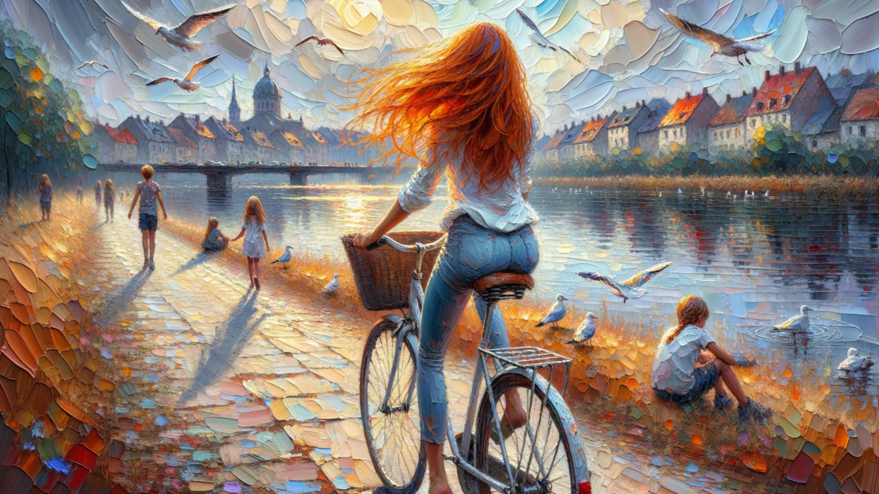 Woman with Red Hair Biking by Riverside in Summer