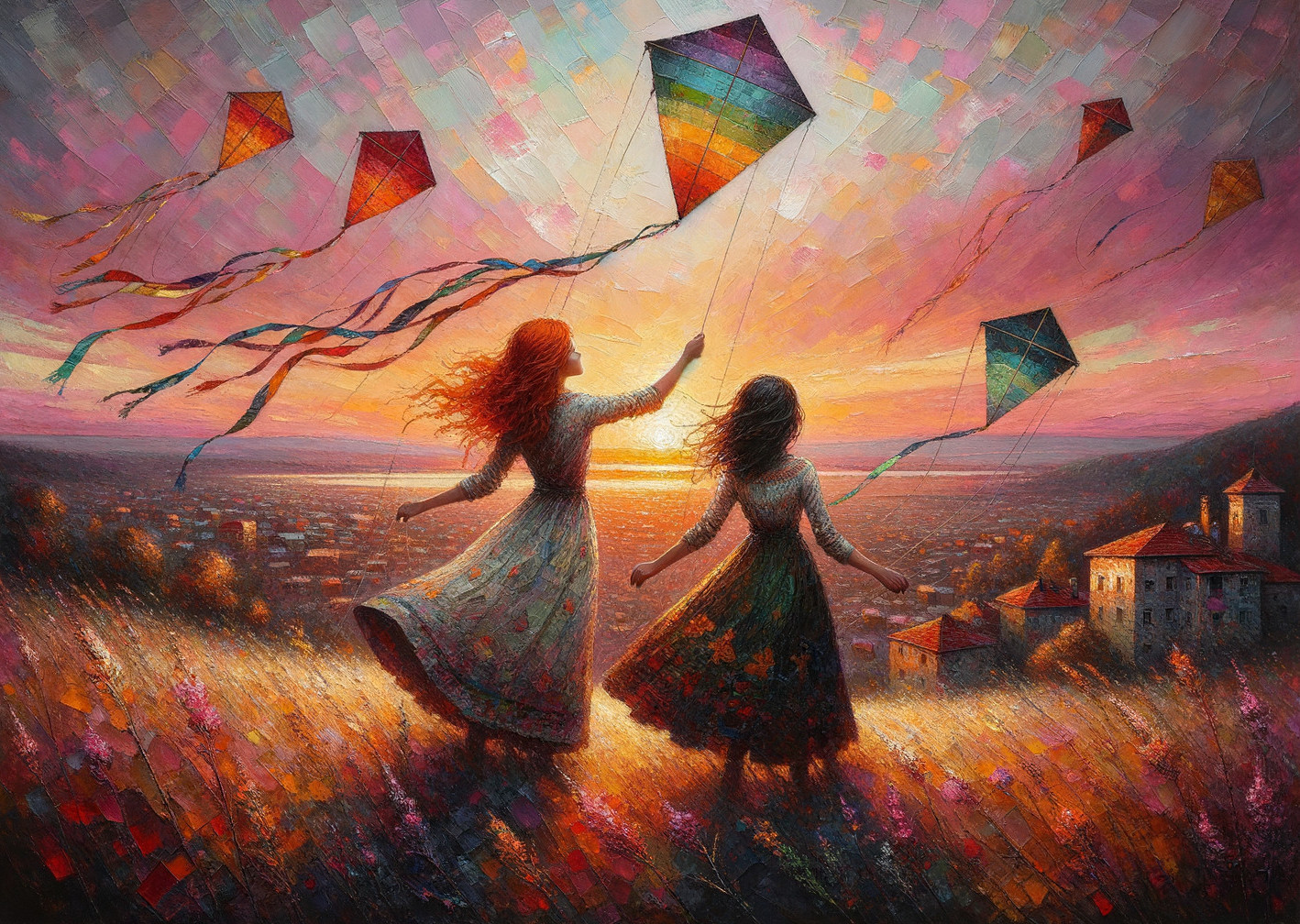 Joyful women with kites on a vibrant sunset hillside