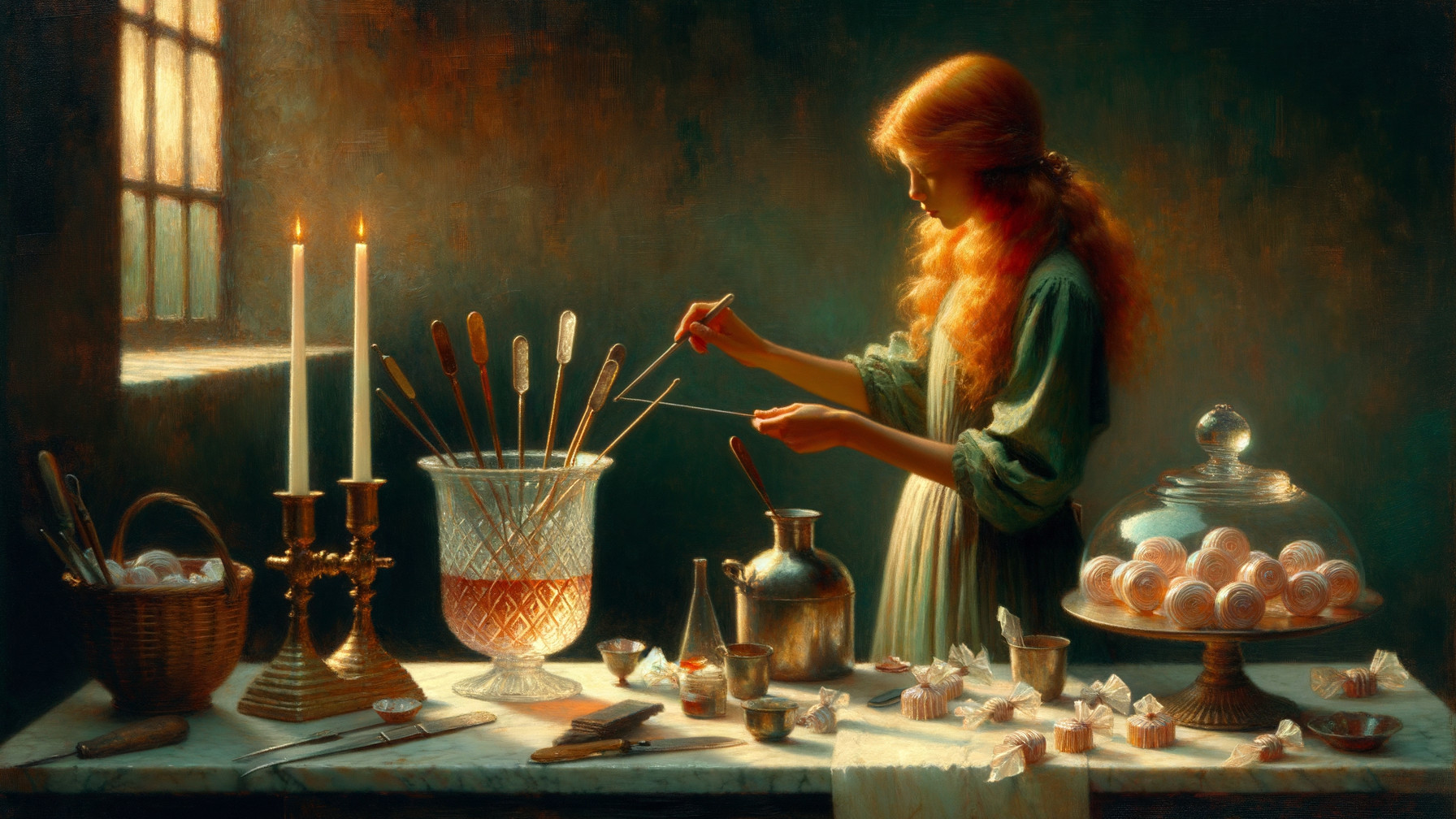 Young woman crafting confections in a candlelit room