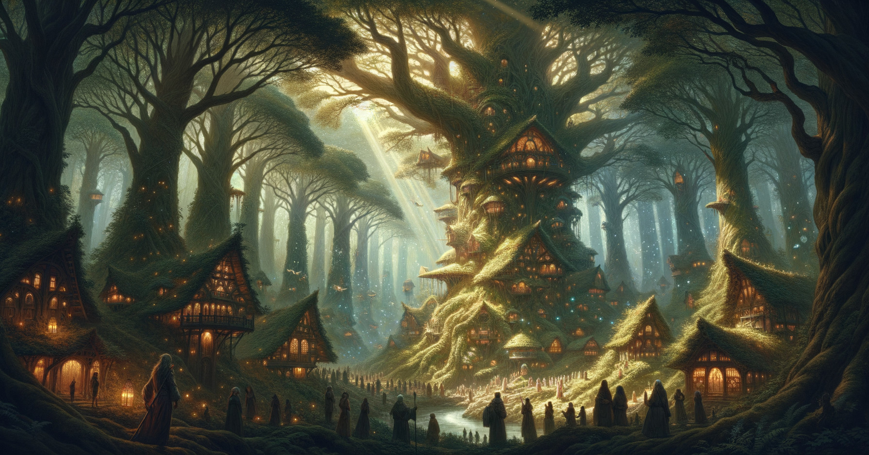 Mystical Forest Scene with Glowing Tree Houses
