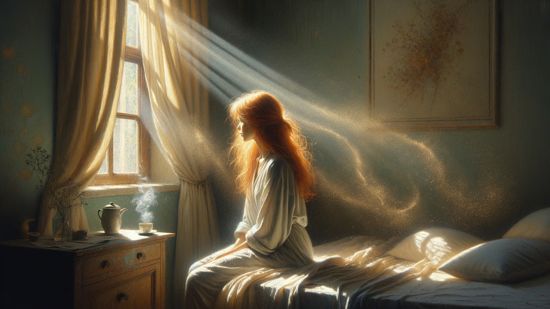 Young woman in serene, softly lit bedroom scene