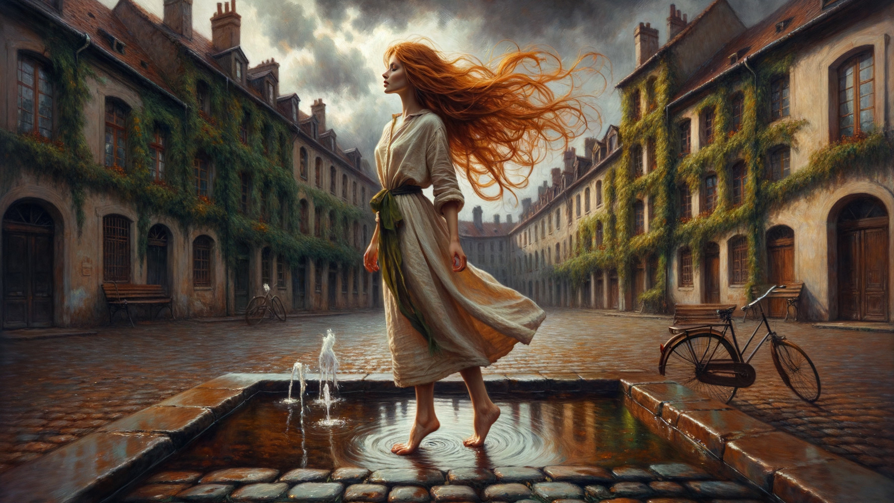 Young woman in courtyard with fountain and stormy sky