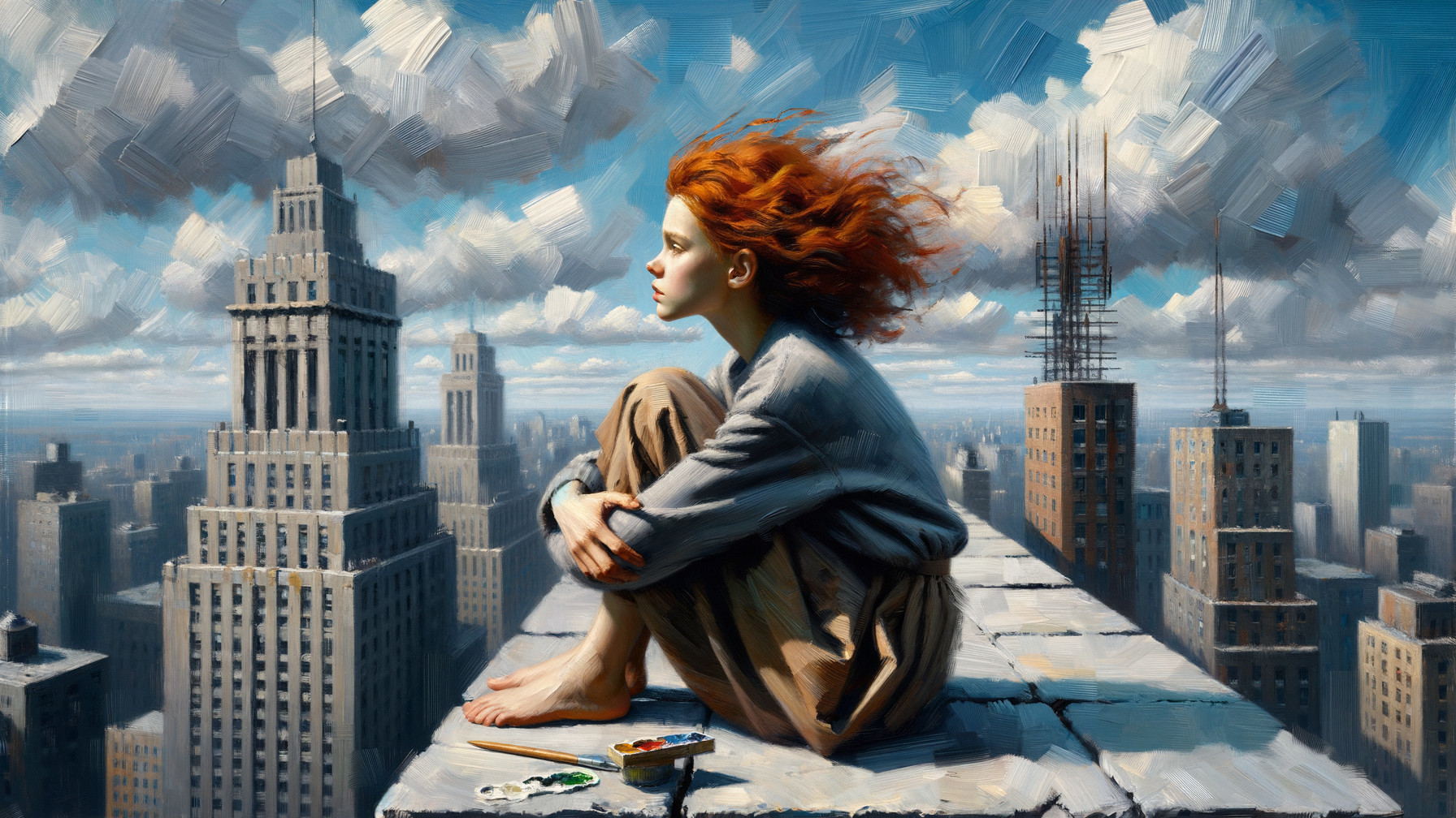 Young Woman on Building Edge with City Skyline View