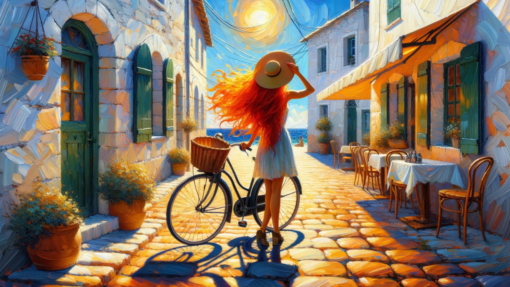 Woman with Red Hair in Coastal Village by the Sea