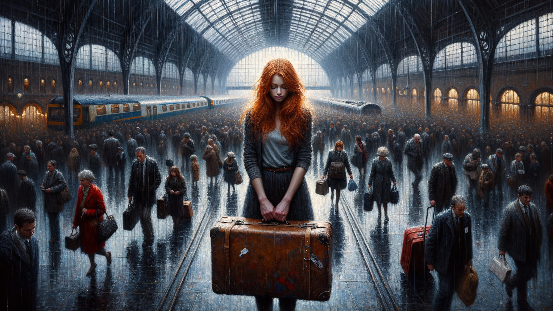 Young Woman with Red Hair in Busy Train Station