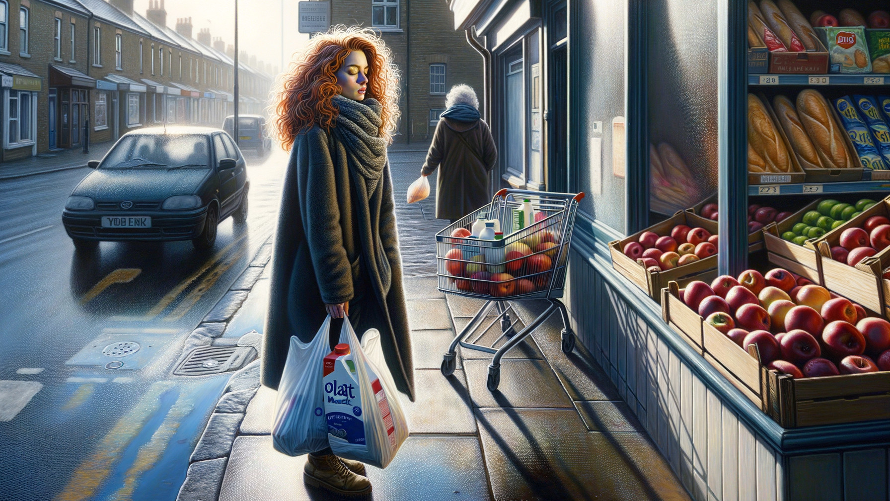 Young Woman with Curly Hair on Rainy Street