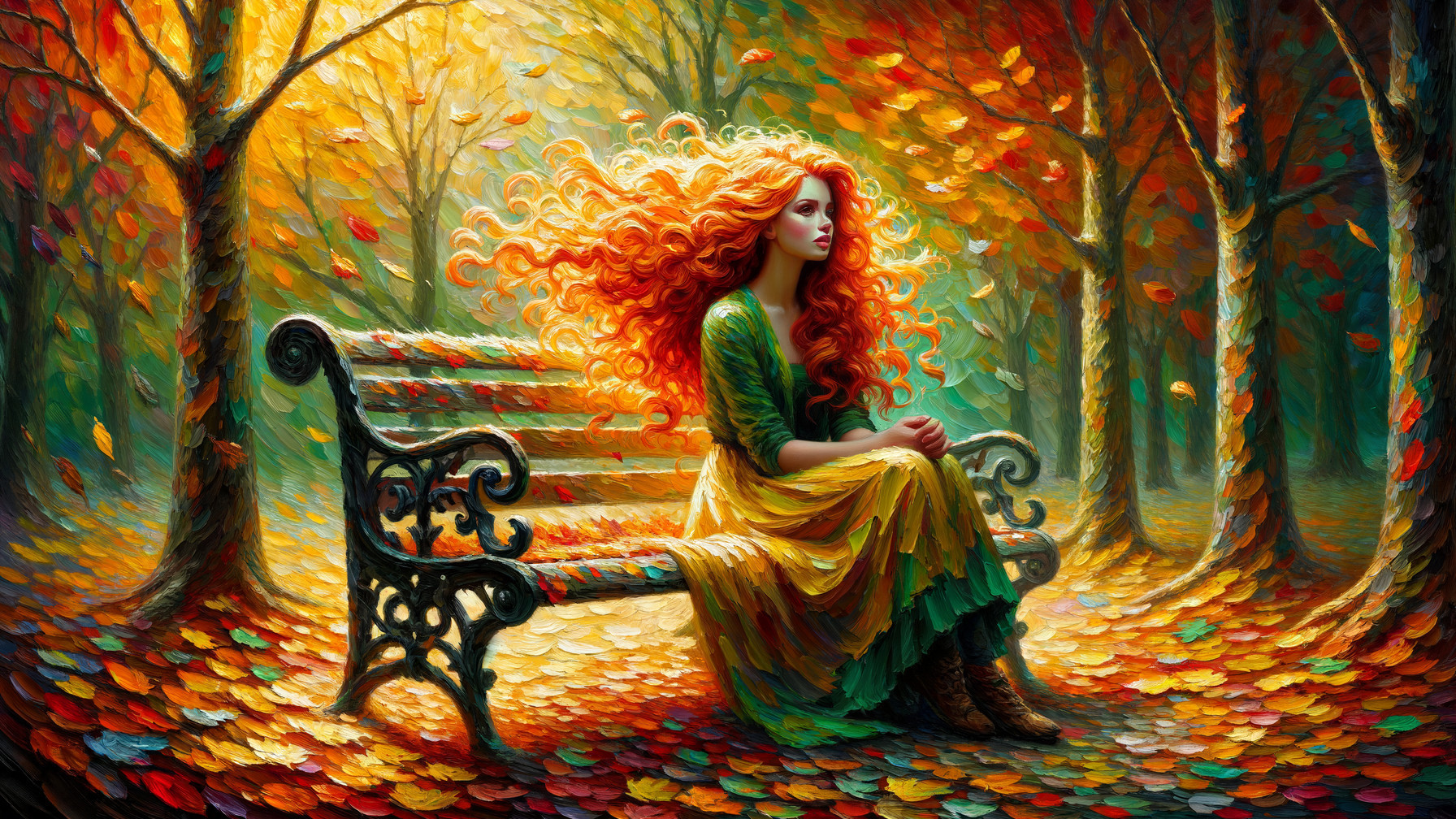 Woman with Red Hair in Autumn Landscape Setting