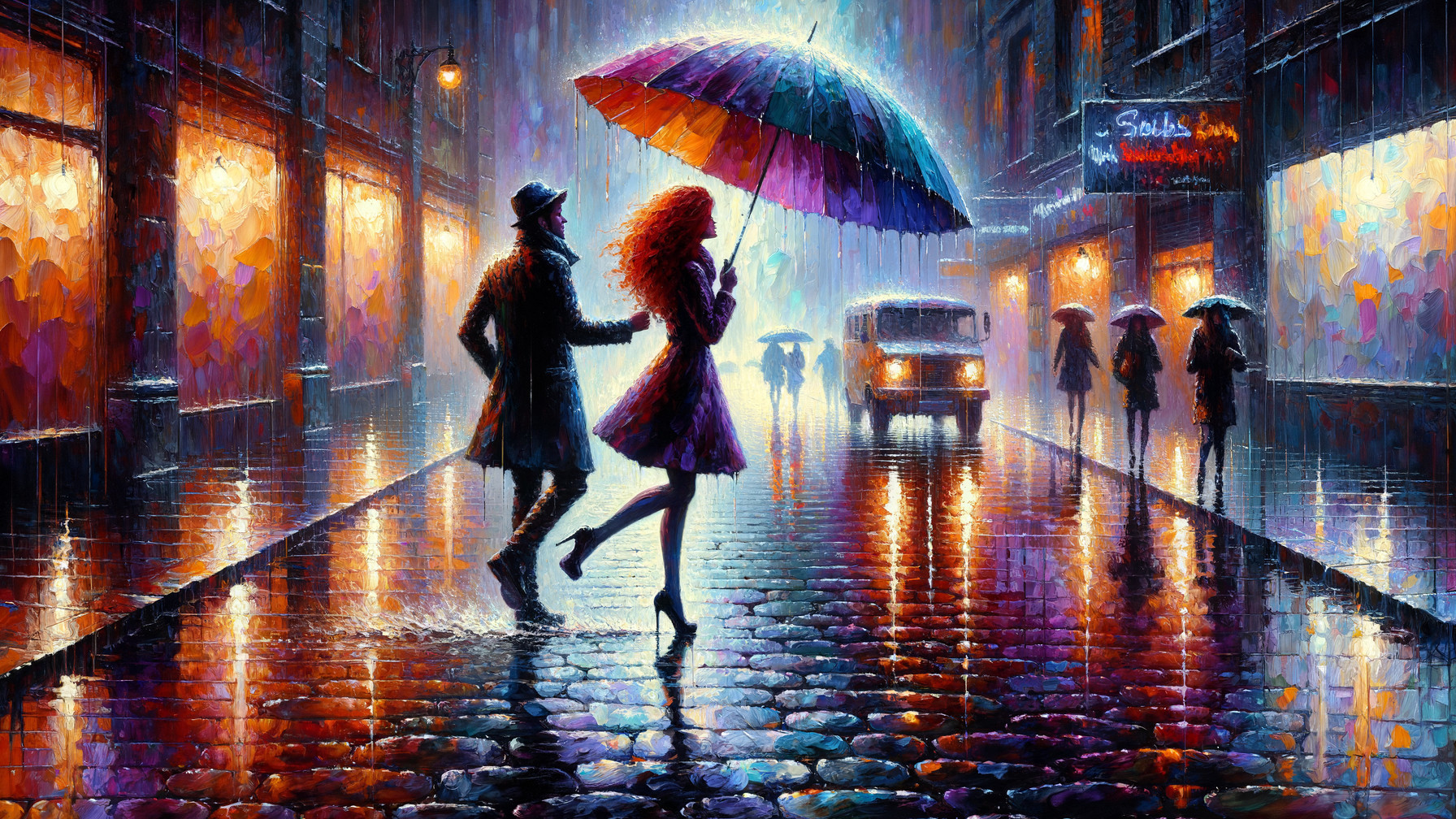 Couple with Umbrella in Vibrant Urban Rain Scene