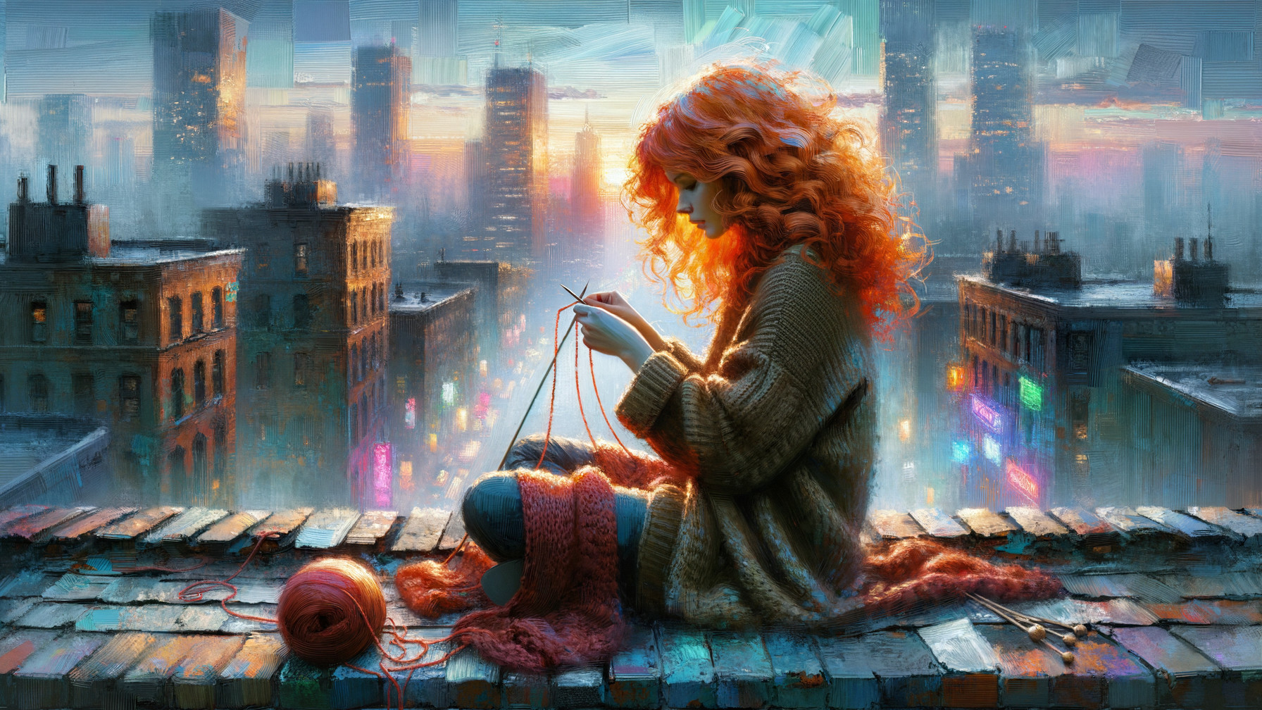 Young woman with orange hair knitting at sunset rooftop