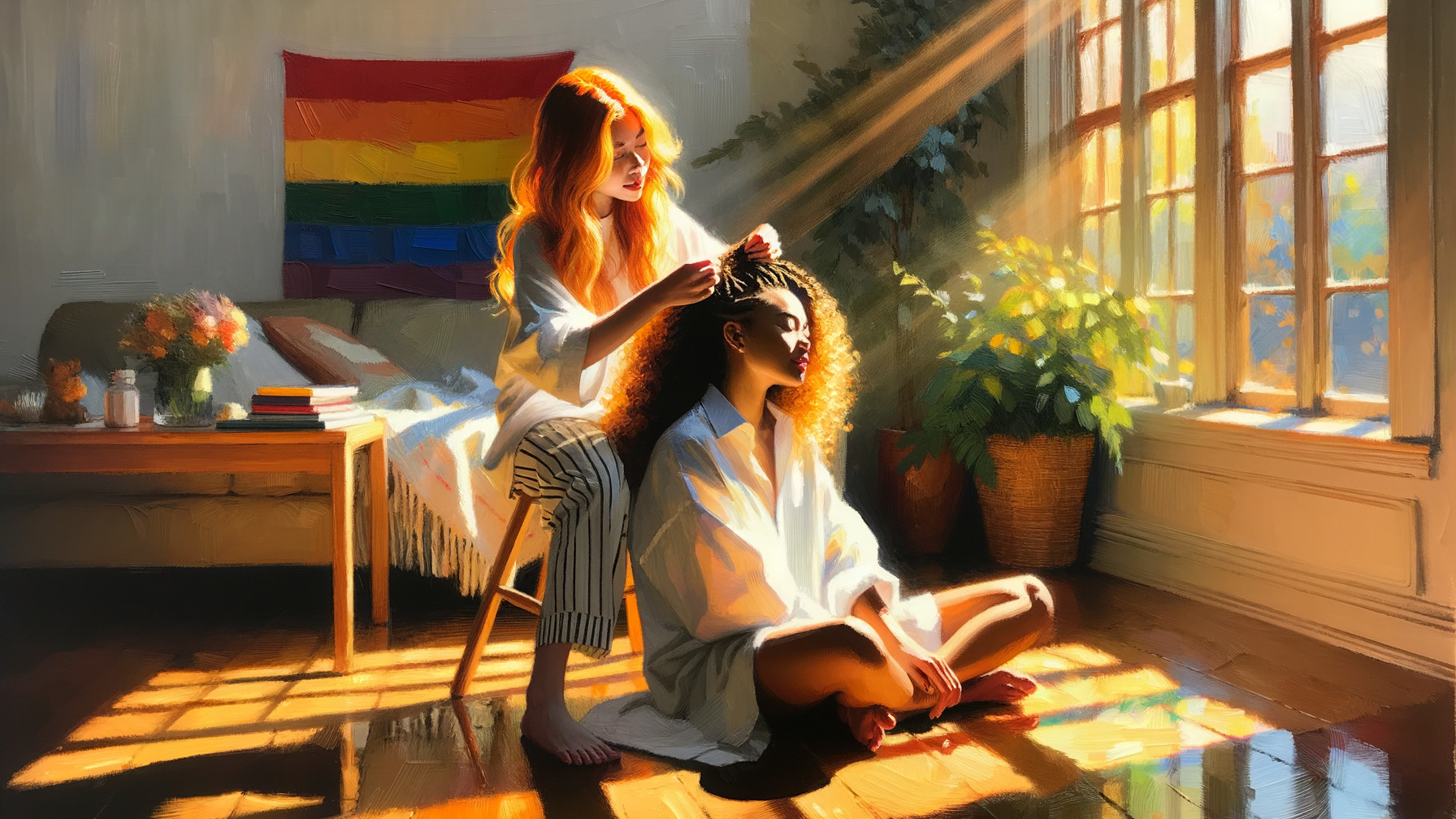 Intimate Moment Between Two Women in Sunlit Room