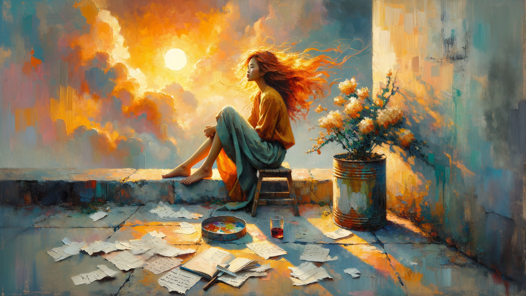 Young Woman Contemplating Sunset with Art Supplies