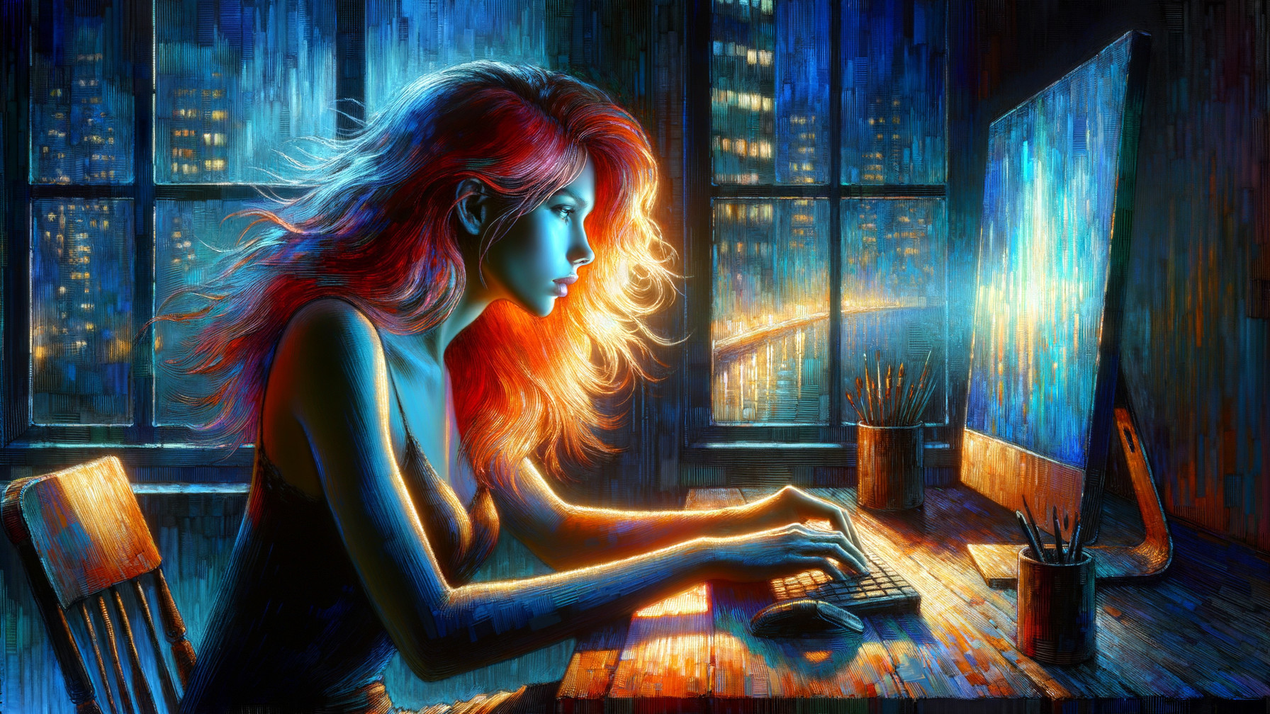 Woman with Red Hair Typing at a Computer Desk