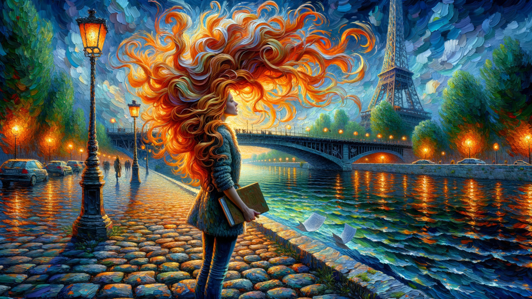 Surreal Scene of Woman by Seine River at Sunset