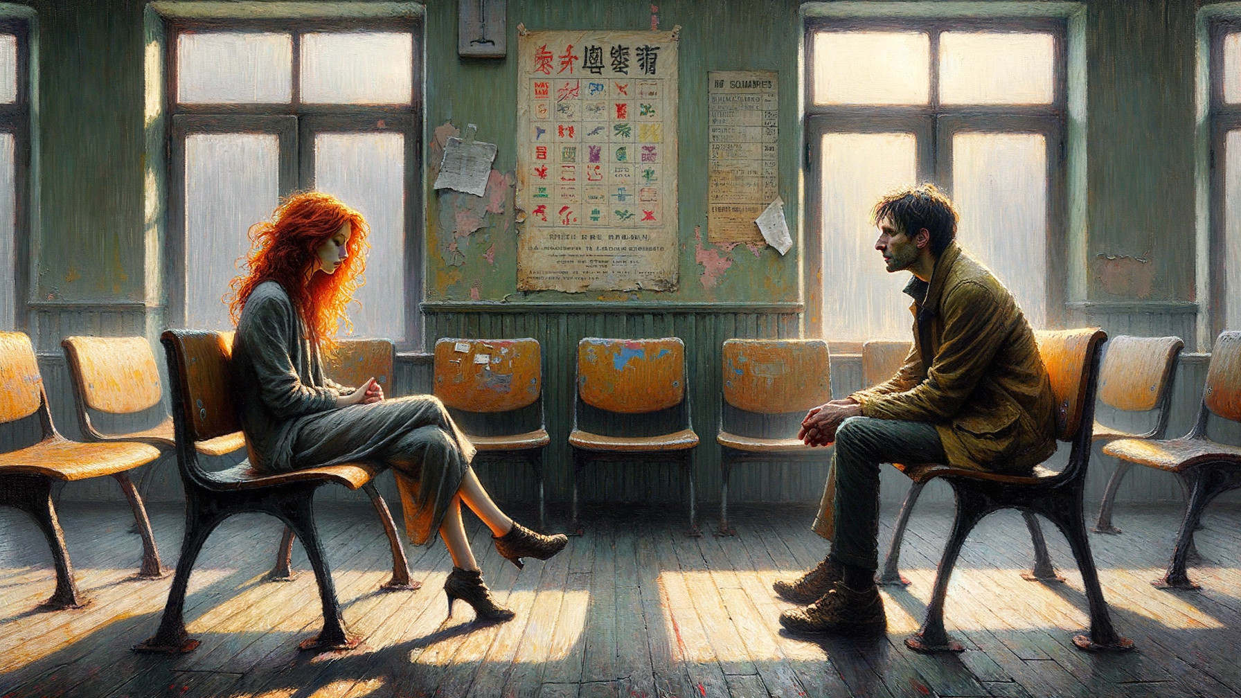 Two People in a Waiting Room with Green Walls