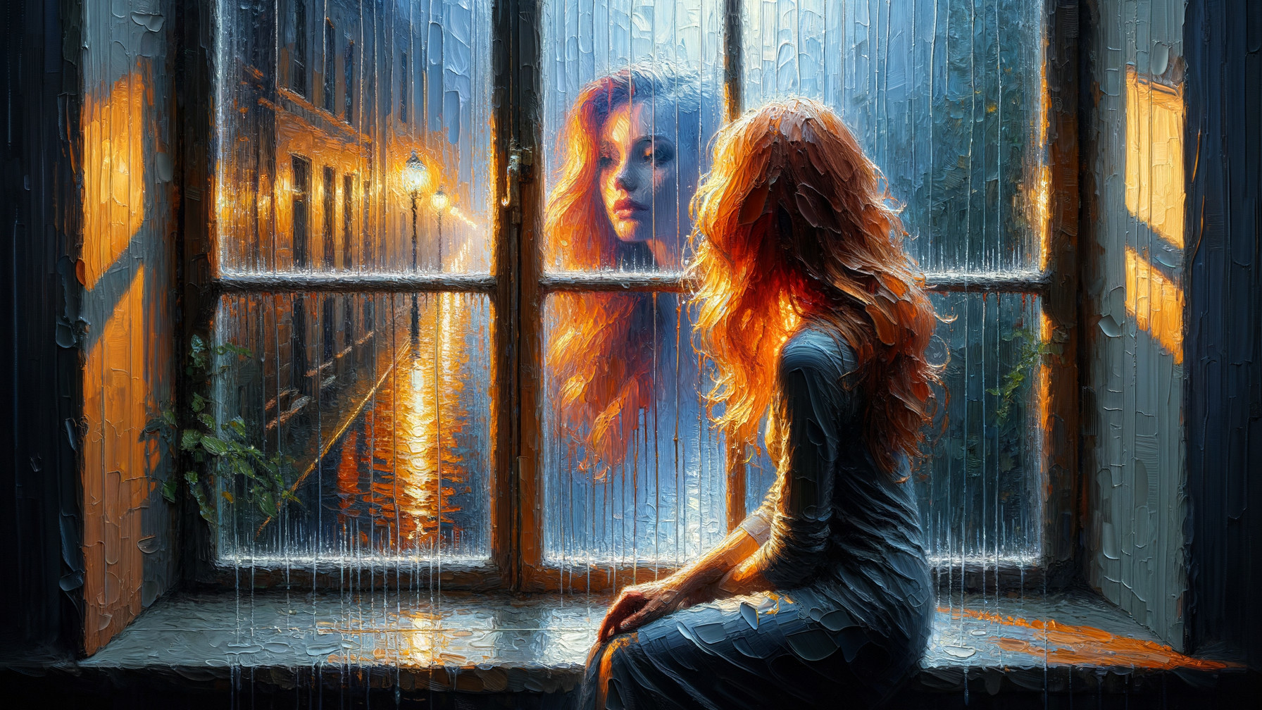 Woman with Red Hair by Rain-Spattered Window
