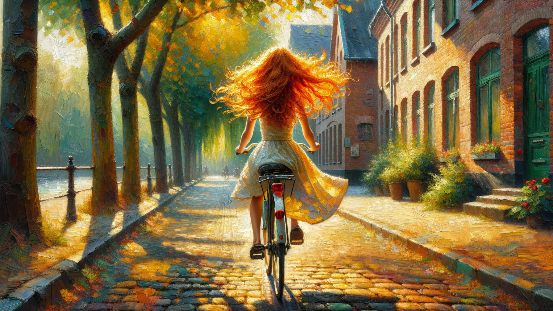 Young woman cycling on a cobblestone street in autumn