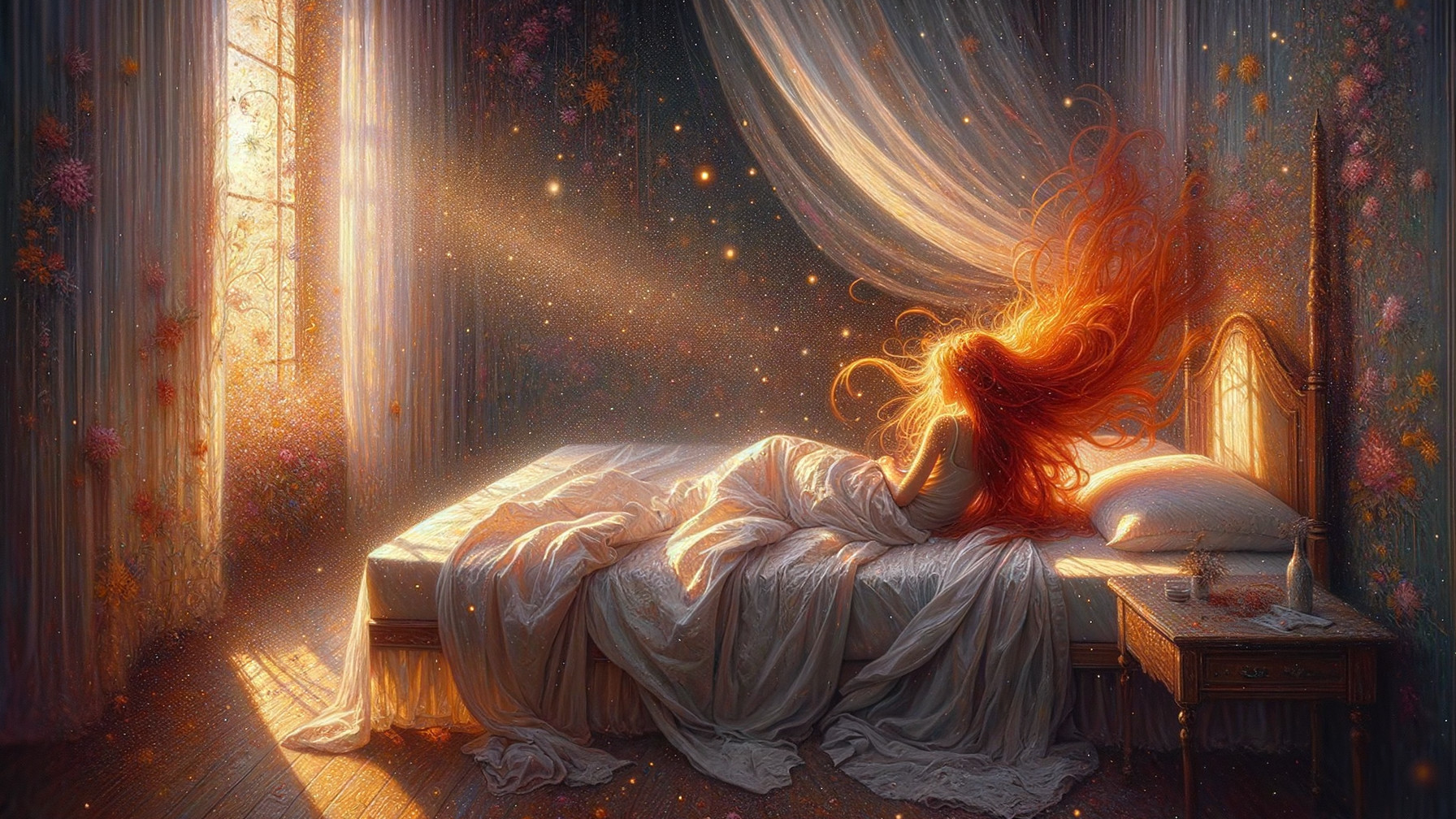 Serene Bedroom with Golden Light and Dreamlike Atmosphere