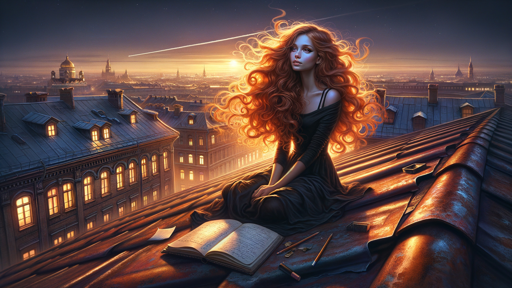 Young woman with fiery hair on rooftop at twilight