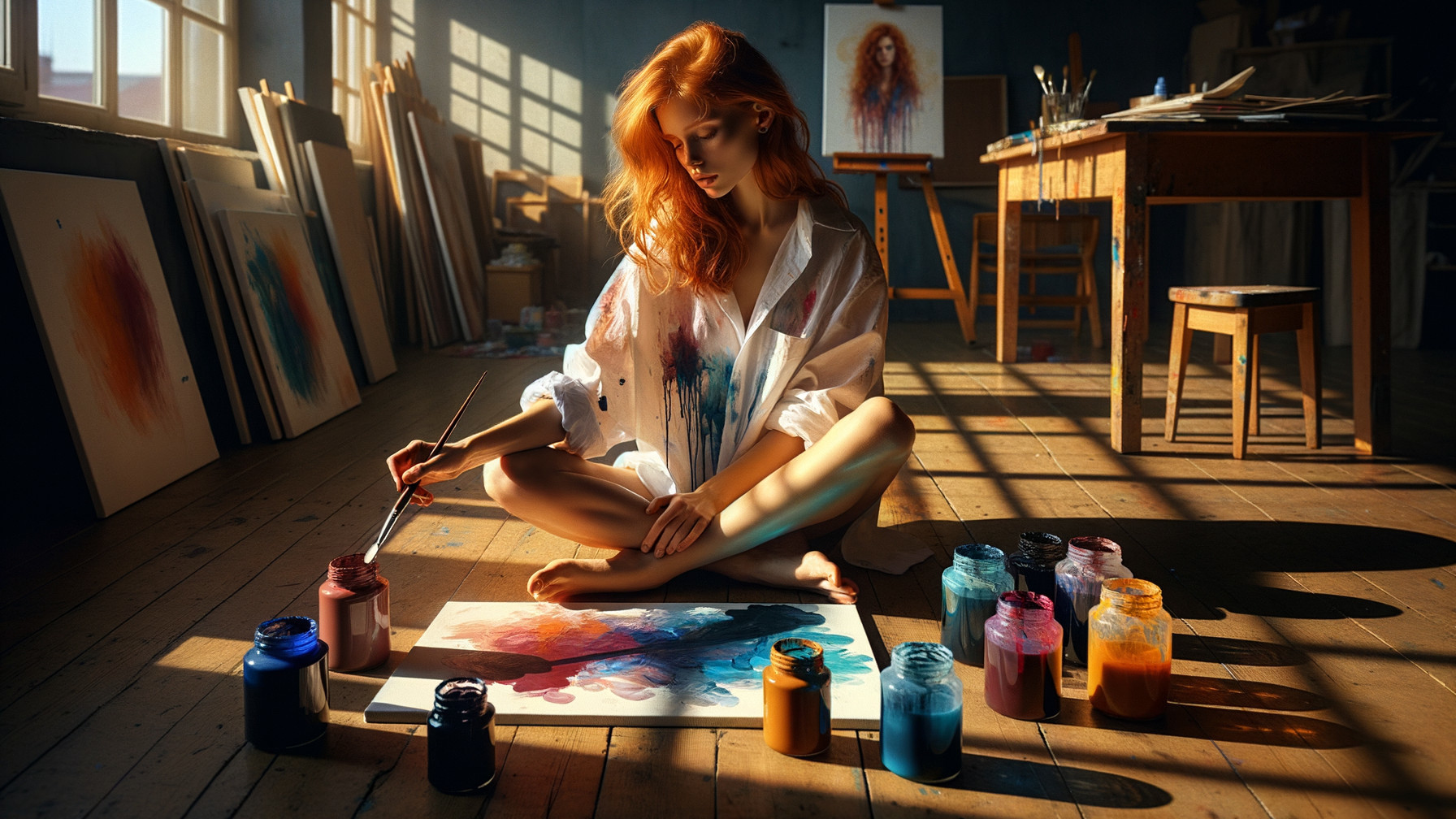 Young woman painting in a sunlit art studio