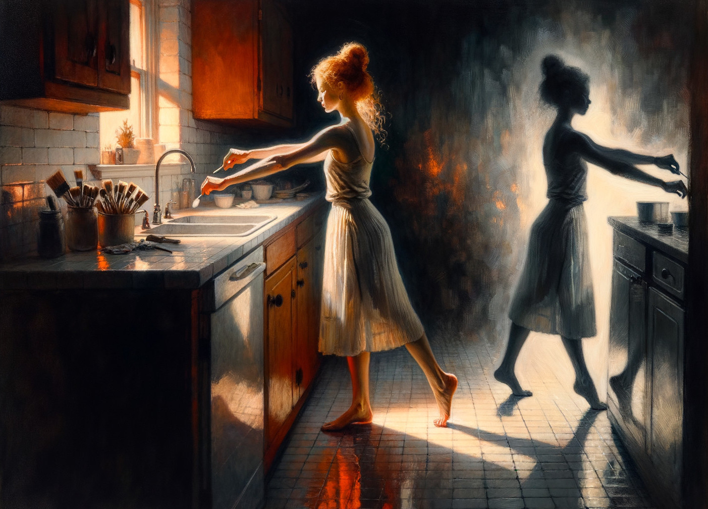 Young Woman in Off-White Dress in Vintage Kitchen Scene