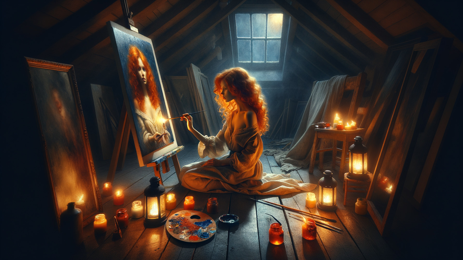 Woman with Red Hair Painting in Dimly Lit Attic