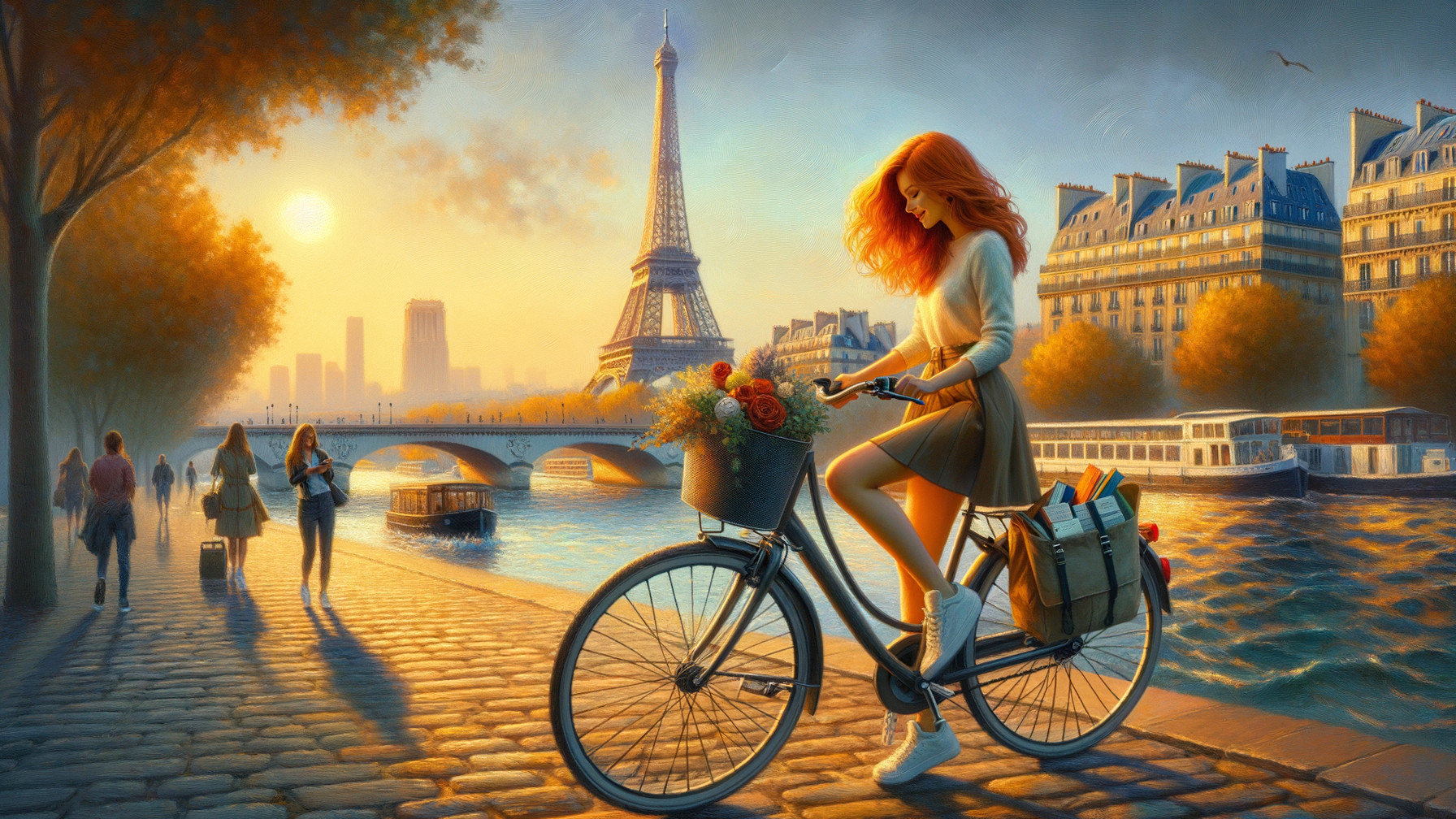 Serene Paris Sunset with Eiffel Tower and Bicyclist