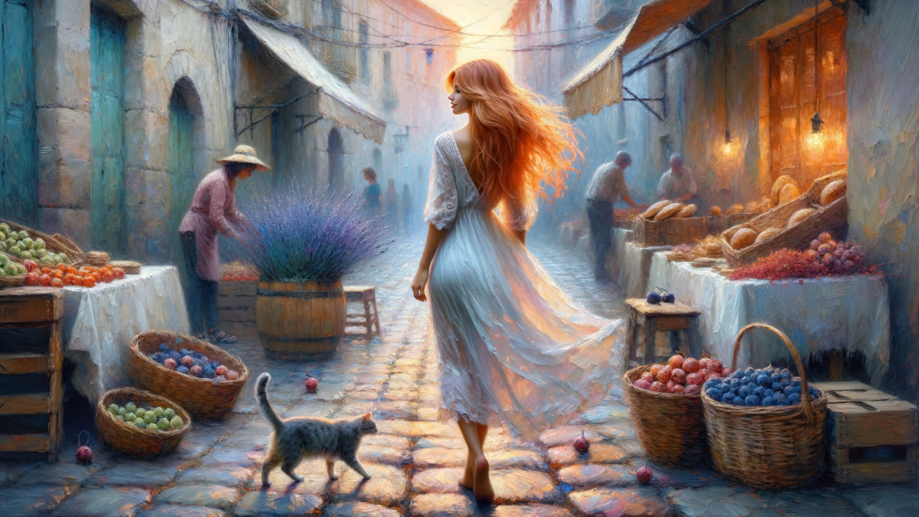 Marketplace at Sunset with Vibrant Stalls and Lanterns