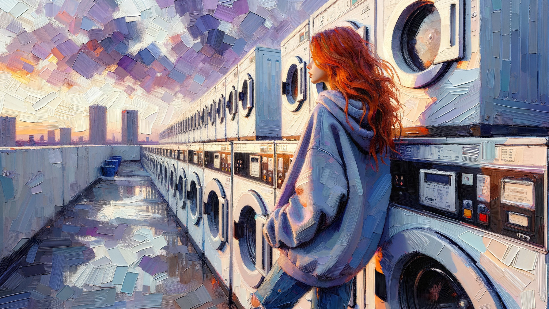 Impressionistic Painting of Woman on Rooftop at Sunset