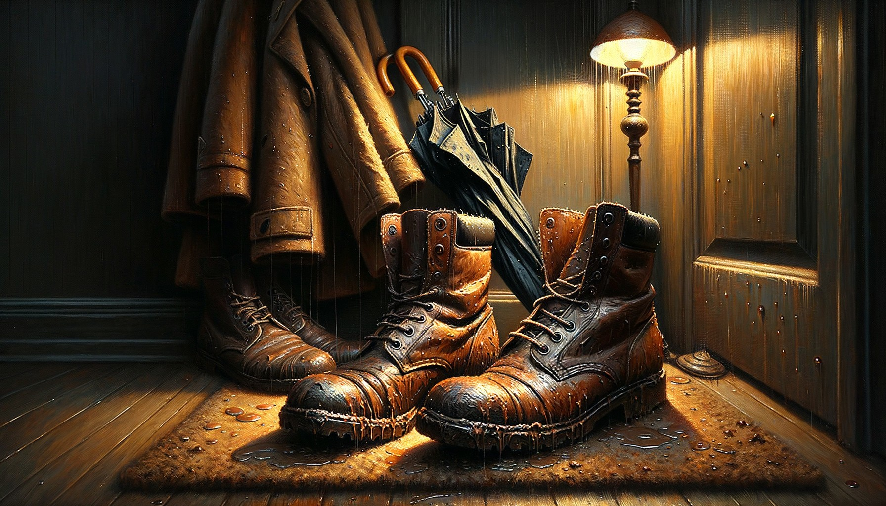 Weathered Brown Boots and Umbrella in Cozy Setting