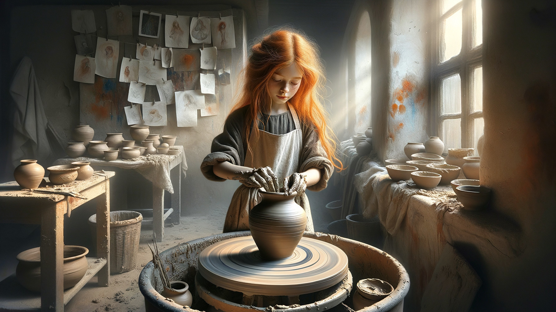 Young girl shaping clay pot in pottery studio