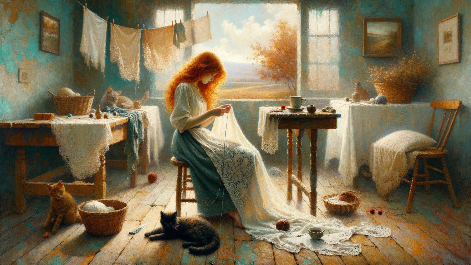 Woman Embroidering Lace in a Serene Sunlit Room