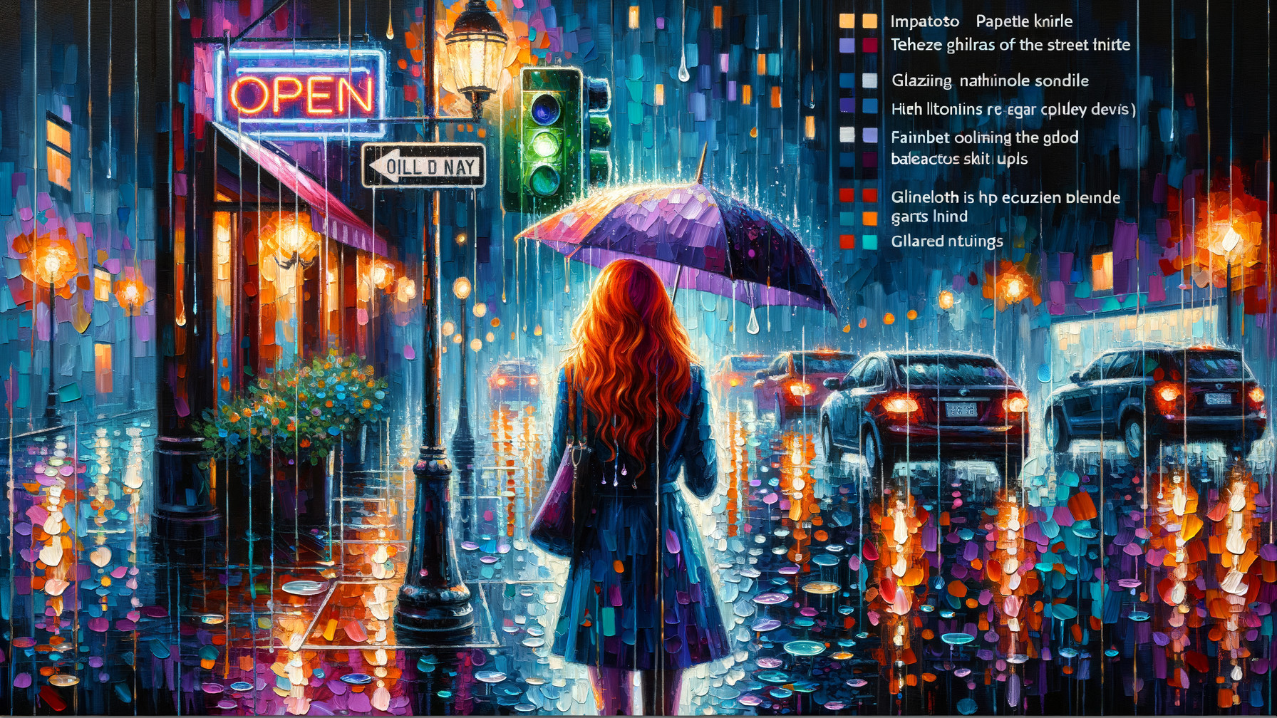 Vibrant City Scene on a Rainy Night with Umbrella