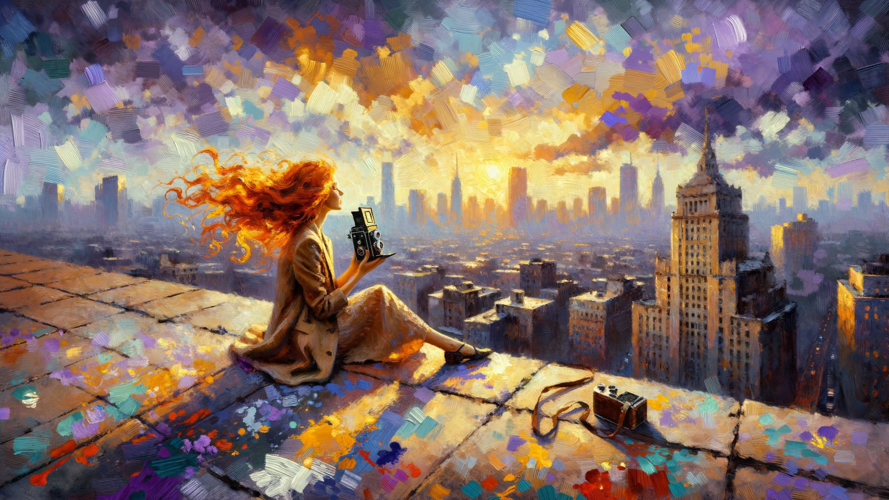 Young Woman with Red Hair at Sunset Over City Skyline