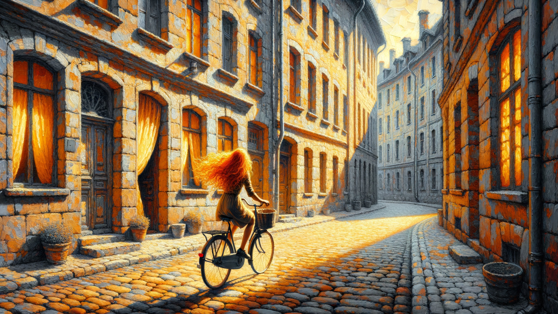 Charming Cobblestone Street with Girl on Bicycle