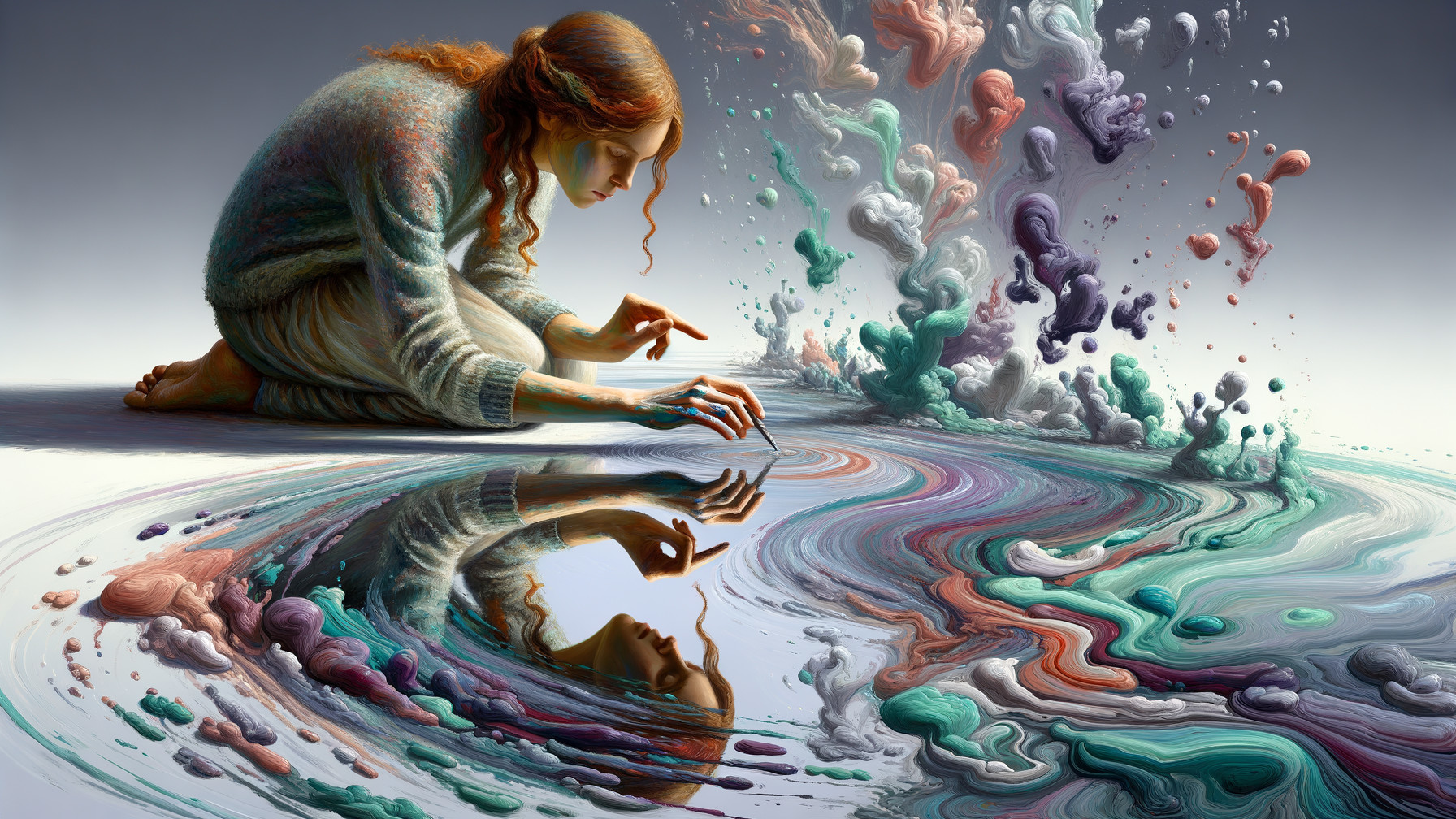 Woman with red hair kneeling by vibrant liquid colors