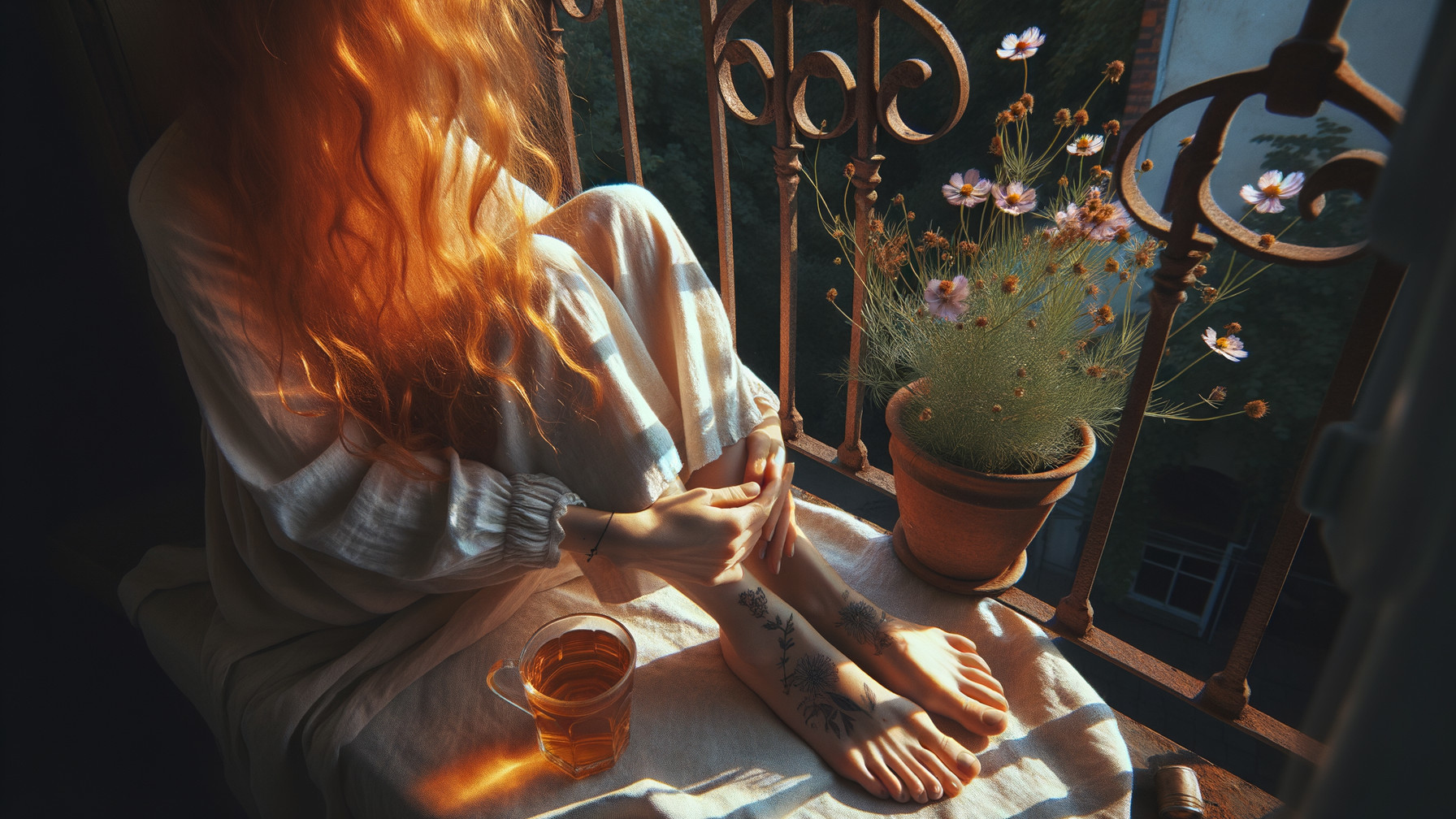 Serene Balcony Scene with Warm Sunlight and Flowers