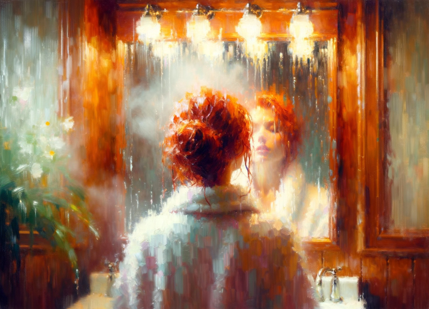 Woman with Red Hair in Steamed Bathroom Setting