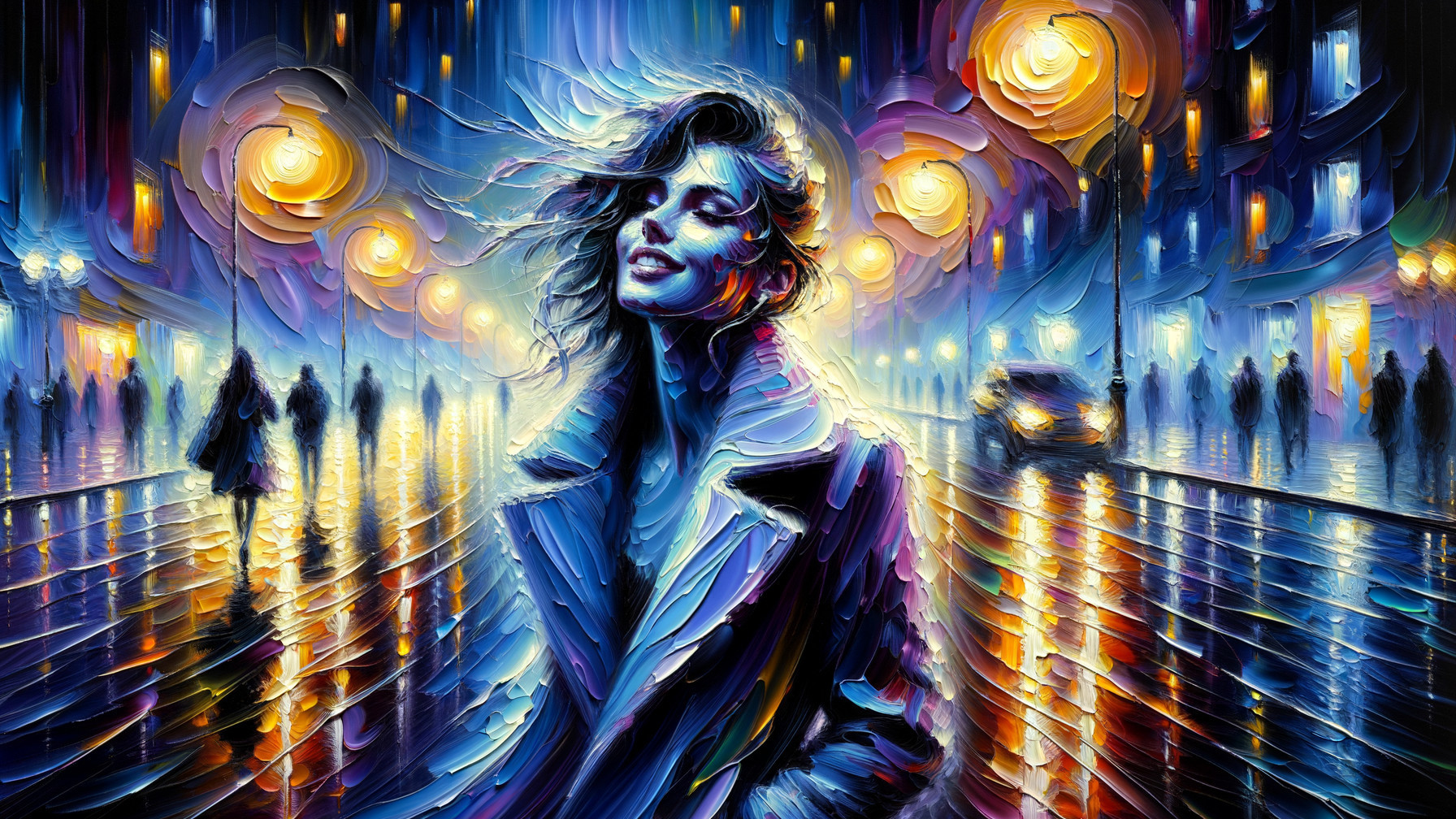 Impressionistic Scene of Woman in Rainy City Street