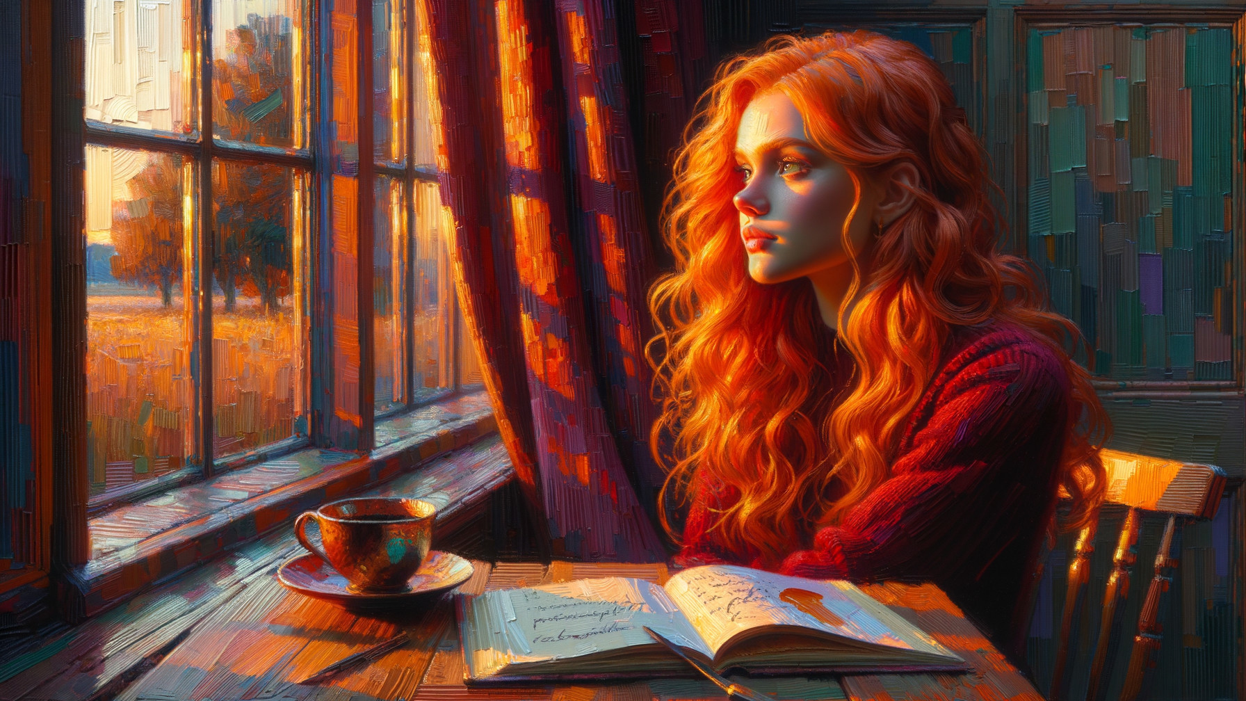 Young Woman with Red Hair at Sunset by a Window
