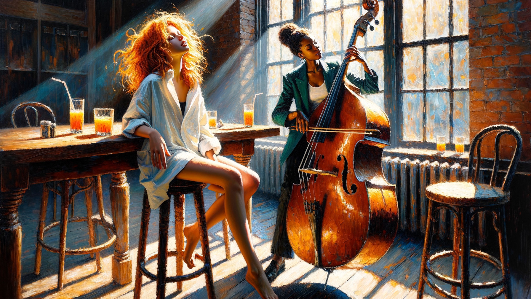 Rustic Bar Scene with Musicians and Amber Beverages
