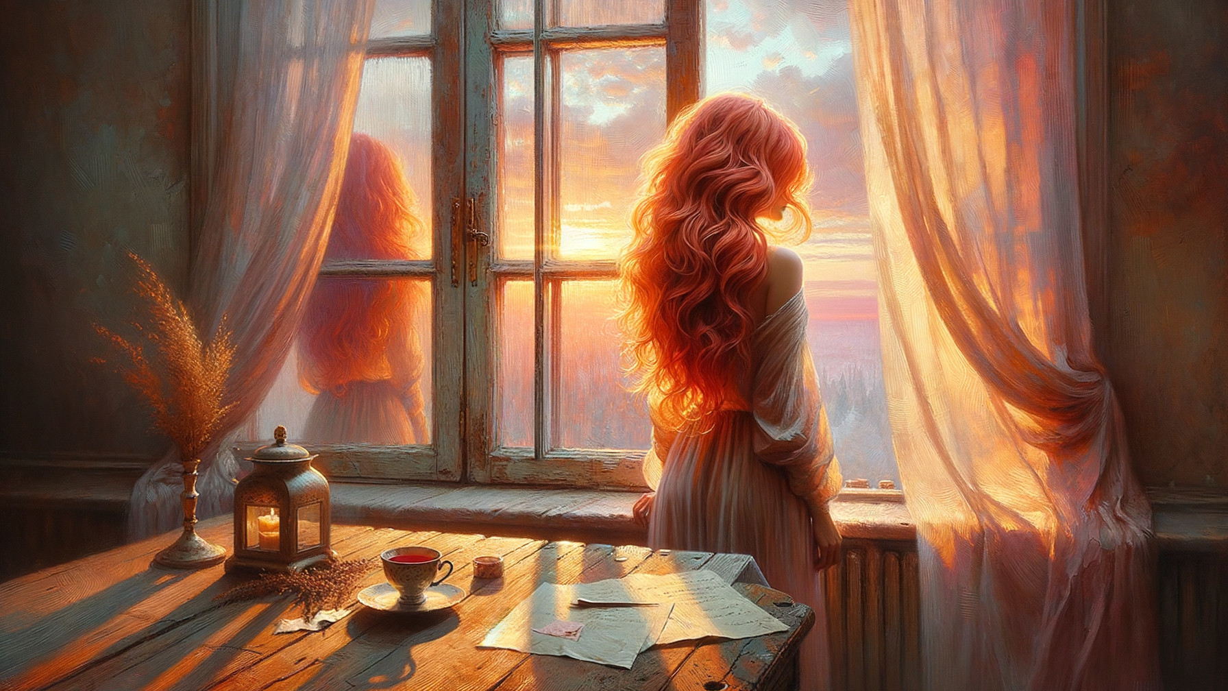 Serene woman by sunlit window with rustic decor