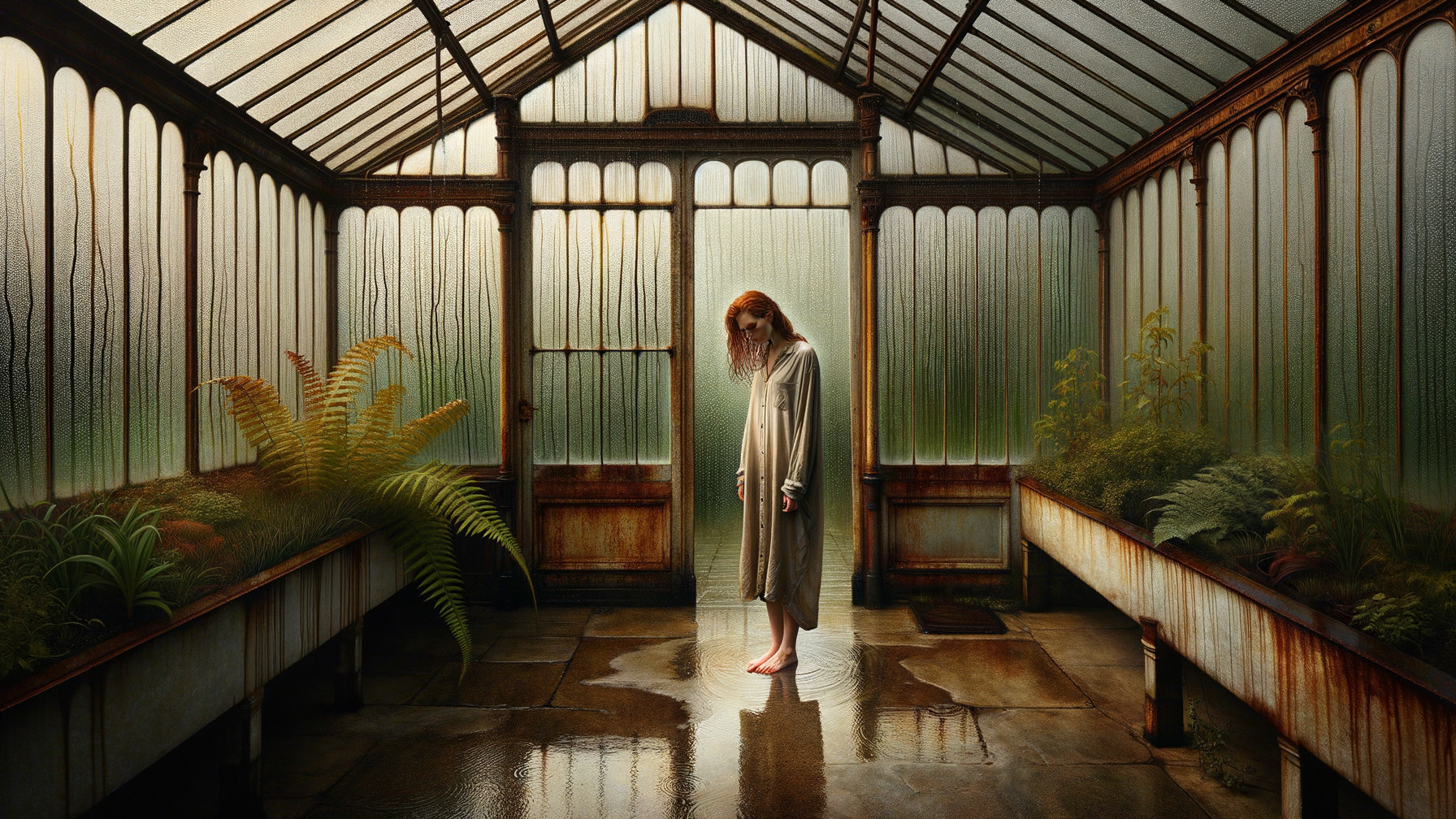 Young woman in a dimly lit greenhouse with greenery