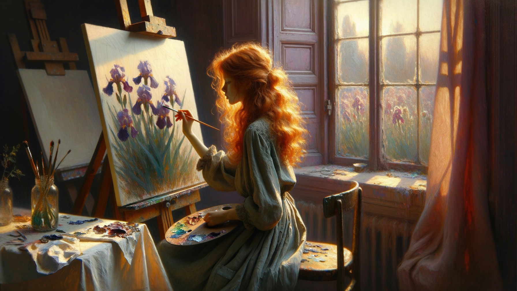 Young woman painting irises in sunlit room