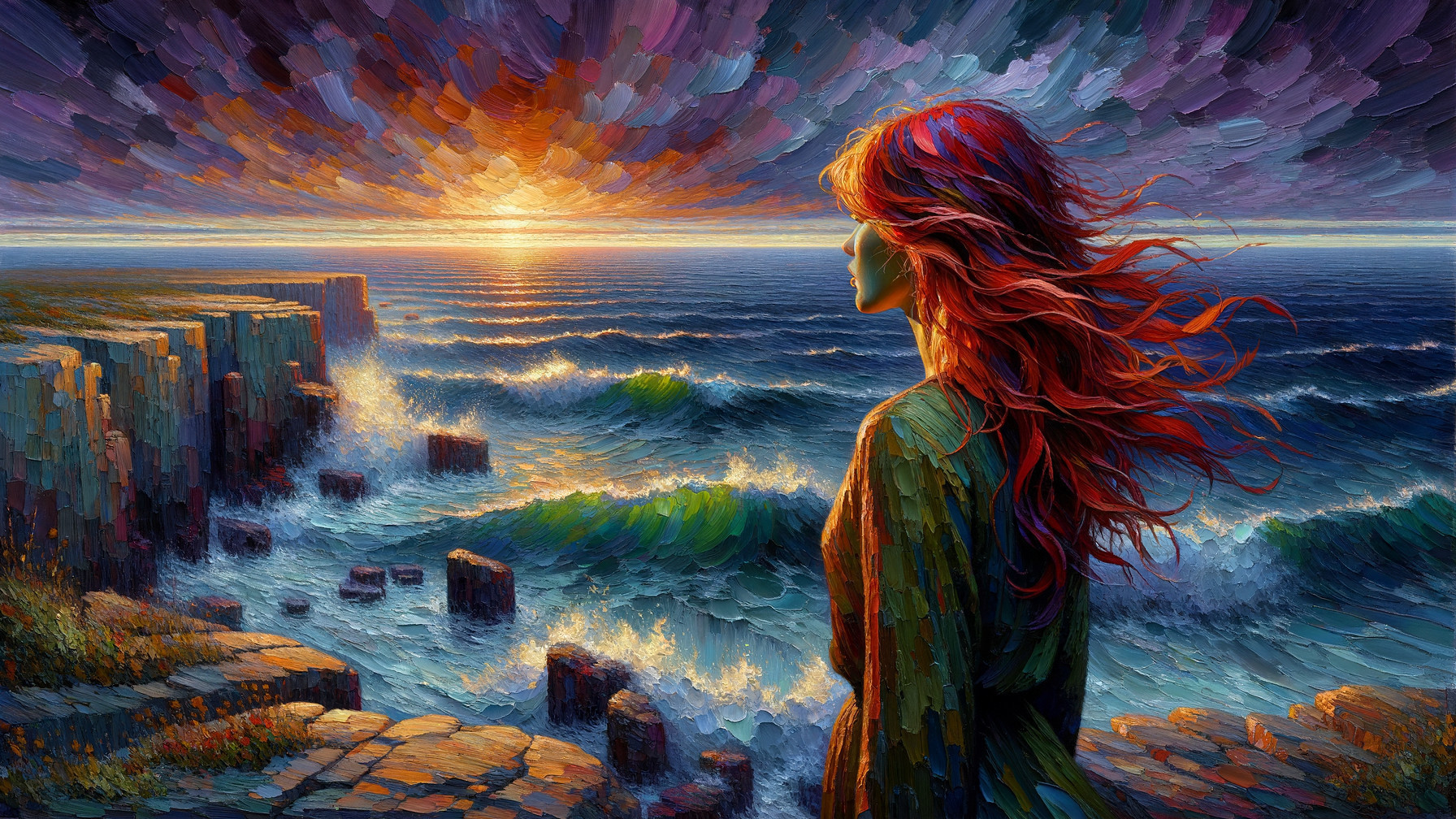 Vibrant Seascape at Sunset with Woman and Waves