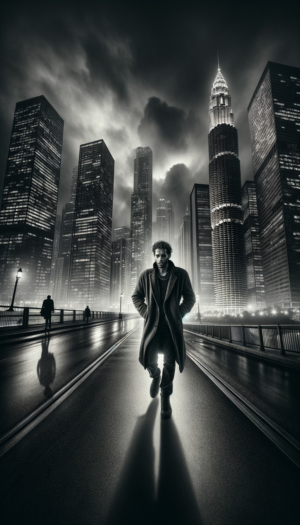 Solitary Figure in Foggy Black and White Cityscape